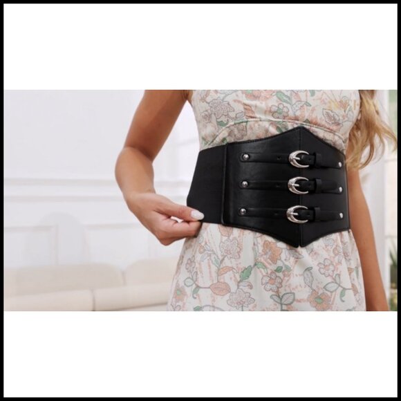 Wide Elastic Corset Belt with Gold Buckle Stretchy Waspie Waist Belt